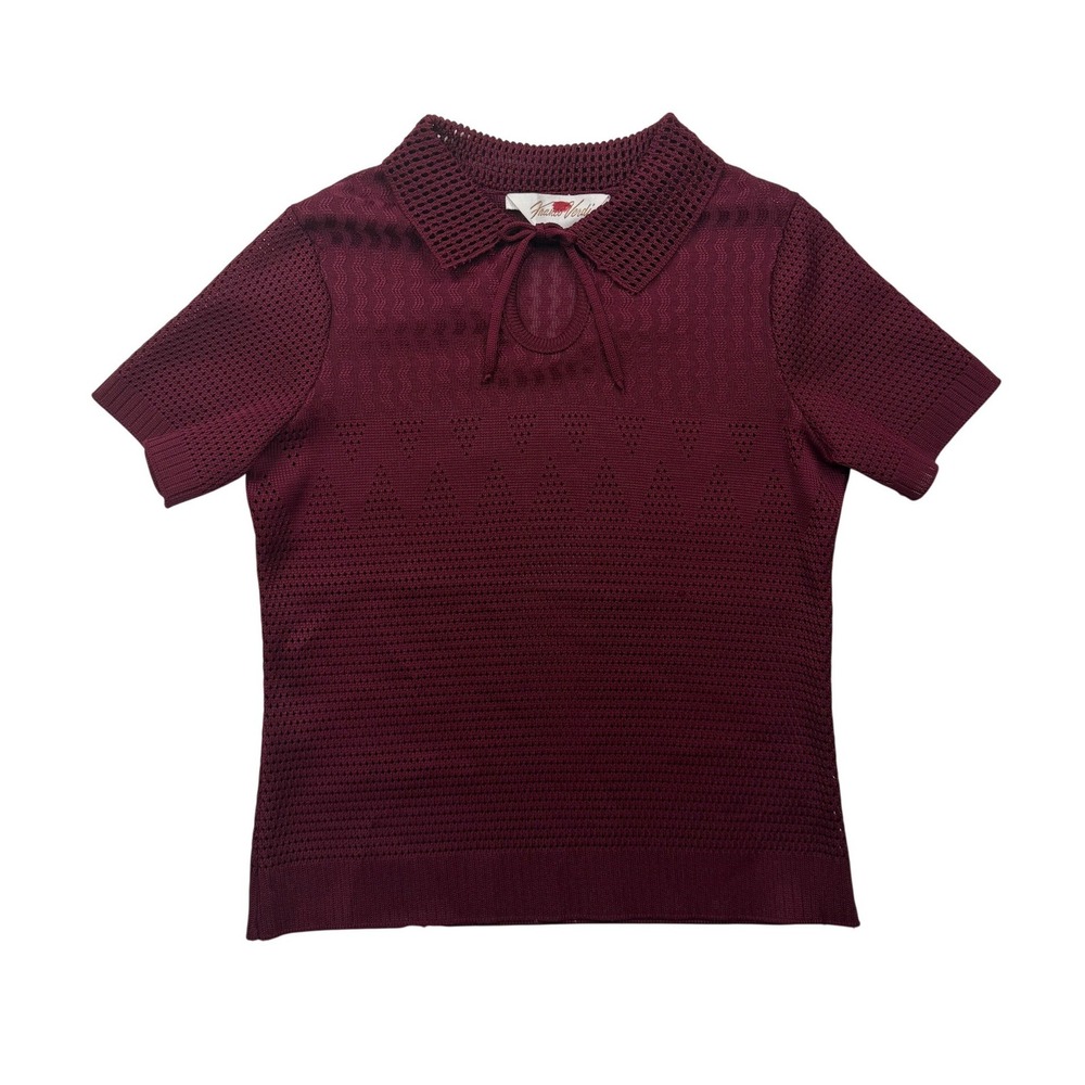Vintage 70s Franco Verdi Burgundy Open Knit Tie Neck Sweater Top